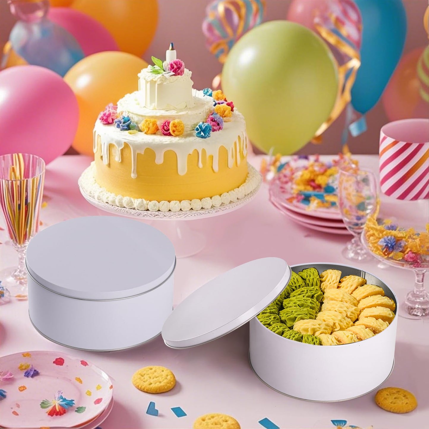 Yopay 3 Pack Cookie Tin with Lid, Round Sturdy Gift Tin, White Baking Cake Container for Storing Patisseries, Snack, Chocolate, Easter, Special Occasion, Holidays, 7" Wide by 3.2"" Tall"