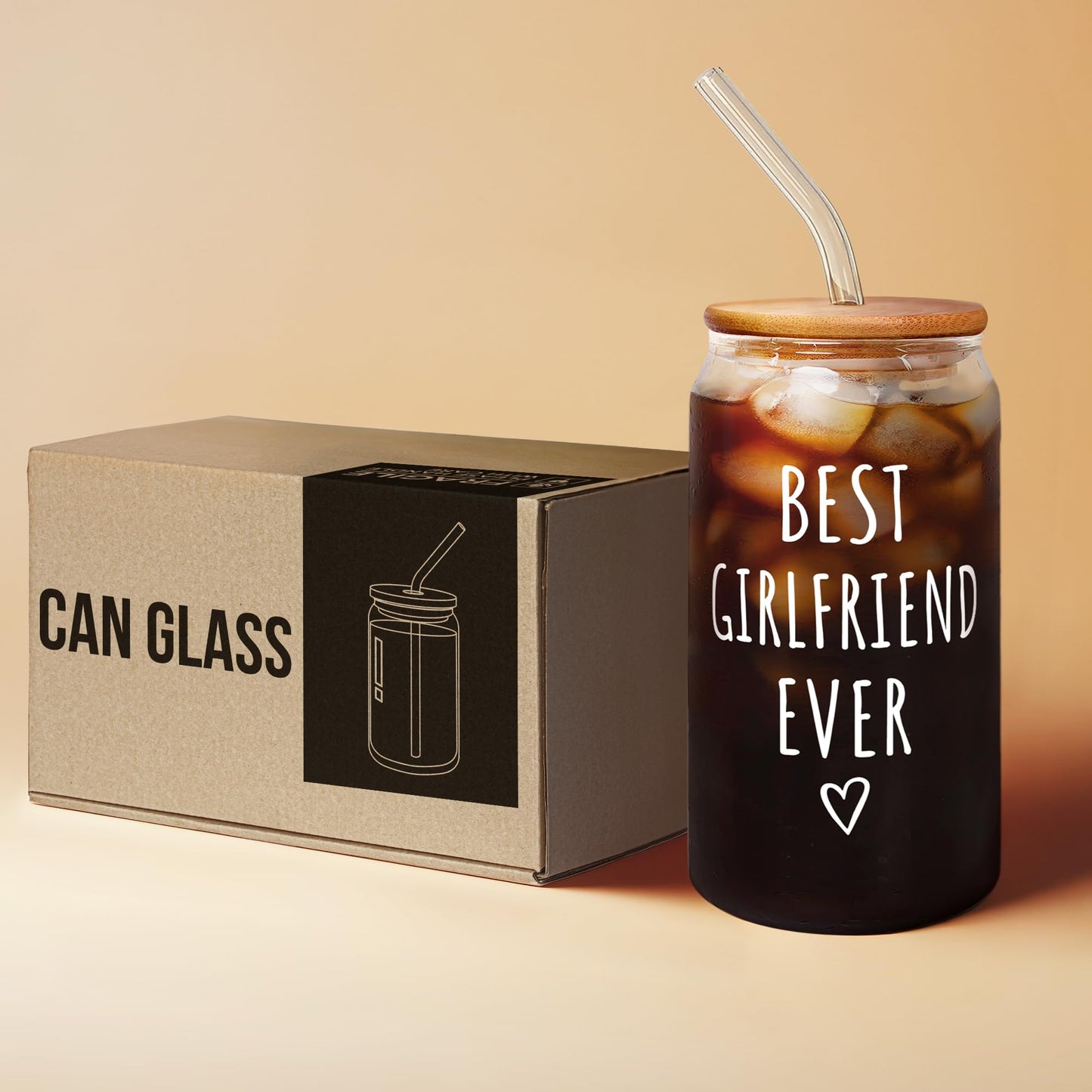 SUCHAGIFT Gifts for Girlfriend - Girlfriend Gifts for Women - Anniversary, Valentines, Birthday Cup for Her - Romantic Love Glass for Her - 16 Oz Can Glass with Lid, Straw & Brush
