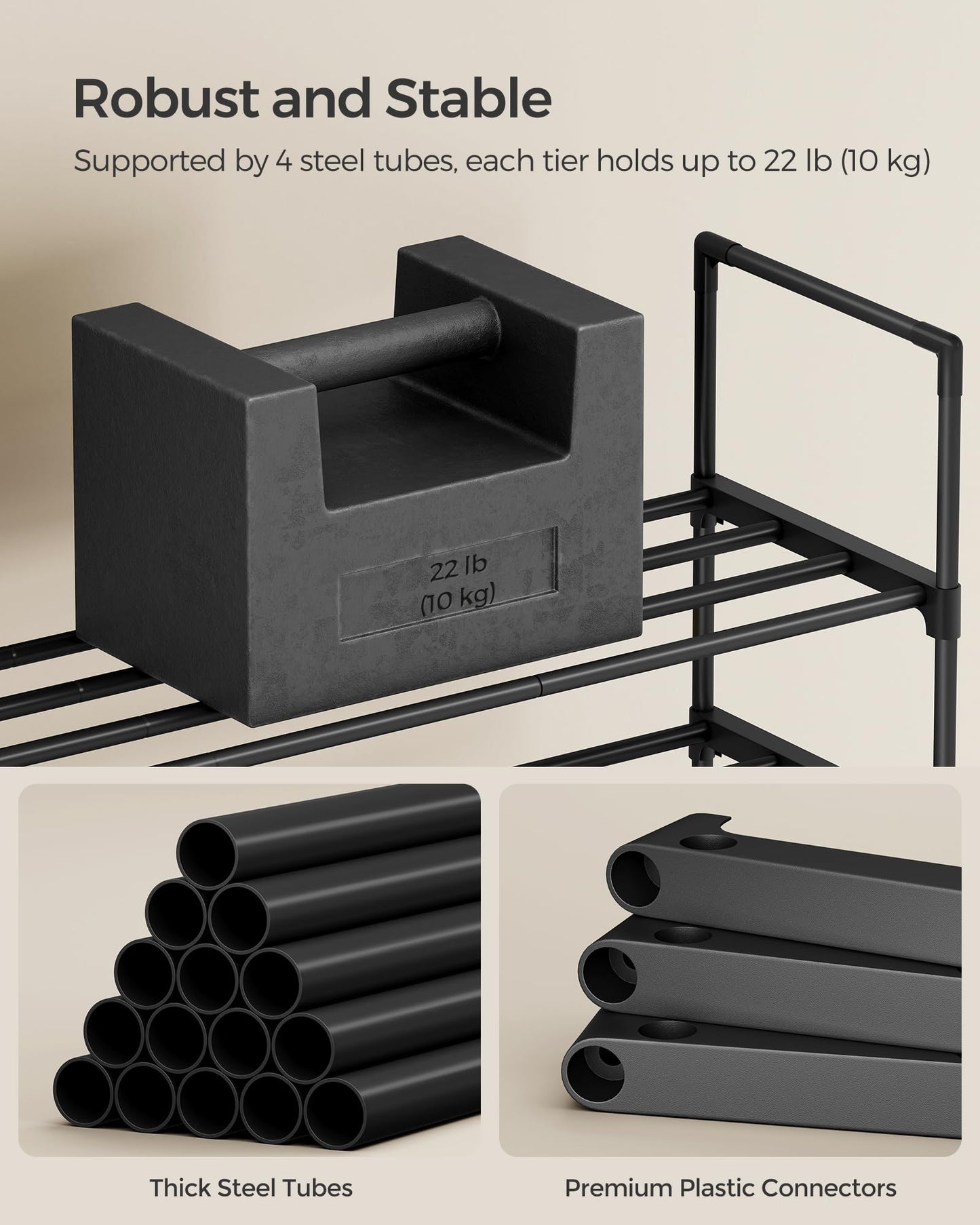 SONGMICS Shoe Rack, 3-Tier Shoe Organizer, Metal Storage Shelf, Upright or Upside Down, for 16-20 Pairs, Stackable, for Entryway, 11.8 x 36.2 x 21.7 Inches, Black ULSA303B02