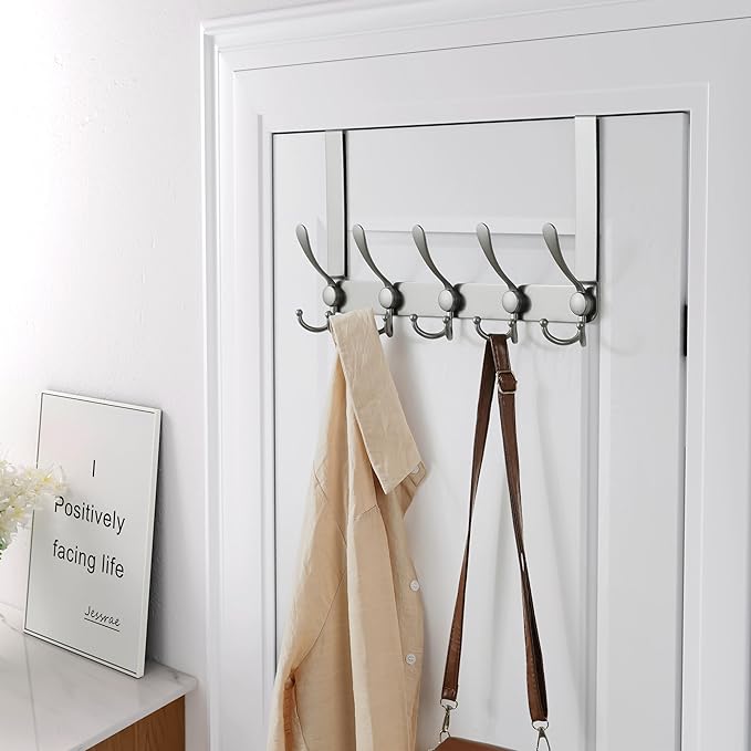 Dseap Over The Door Hook Hanger - Fits 1 3/8" to 1 3/4" Standard Doors | 5 Tri Hooks Heavy Duty Towel/Coat Rack | Door Organizer for Clothes, Jackets, Hats, Towels, Grey