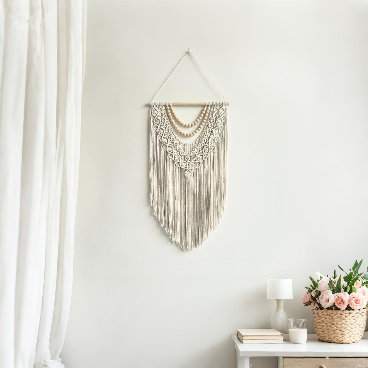 guzhiou Macrame Wall Hanging Boho Geometric Woven Tapestry Cotton Handmade Bohemian Art Decor with Wood Bead Wall Decor for Bedroom Living Room Apartment Nursery 31.5" L x 17"" W (Wood bead-B)"