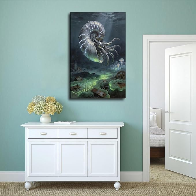 Framed Steampunk Mechanical Nautilus Wall Art - Underwater Industrial Poster for Man Cave Studio Decor 16x24inch(40x60cm)