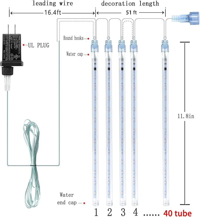 Kwaiffeo Multicolor Icicle Lights Outdoor, Waterproof 40-Tube Meteor Shower Lights for Christmas New Year Party Outside Decor, Equivalent to 5 Sets of 8-Tubes
