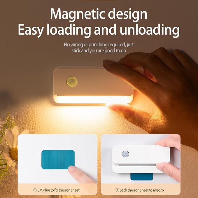 3 Pack Motion Sensor Night Light, Rechargeable Stair Lights Indoor, Warm White Motion Sensor Light Indoor, Battery Operated Night Light for Hallway, Stairway, Bathroom, Bedroom, Kitchen