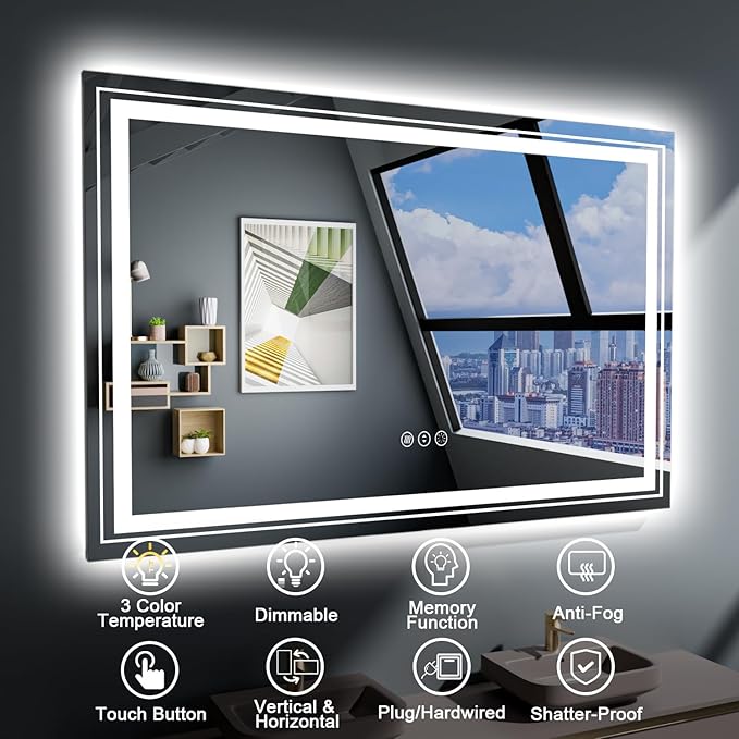 LED Bathroom Mirror, 84"x40" with Front and Backlit, Anti-Fog, Large Bathroom Vanity Mirror for Wall, Memory Function, Stepless Dimmable, Tempered Glass (Horizontal/Vertical)