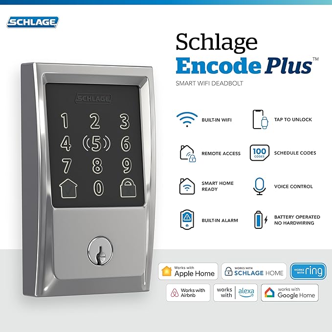 Schlage Encode Plus Smart Wi-Fi Lock for Front Door, Keyless Entry Deadbolt, Unlock with Apple Watch, Built-in WiFi and App Control, Easy Install, Alexa & Apple HomeKit Compatible, Bright Chrome