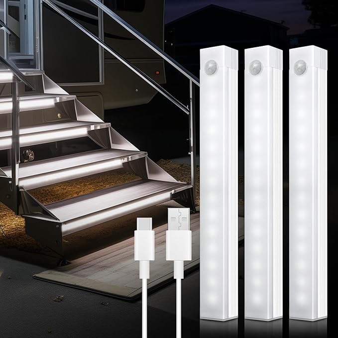 3 Pcs Rechargeable RV Step Lights, Magnetic Motion Sensor Travel Trailer Steps Light, LED Outside Night Lighting RV Camping Accessories for Trailers, Motorthome, Camper