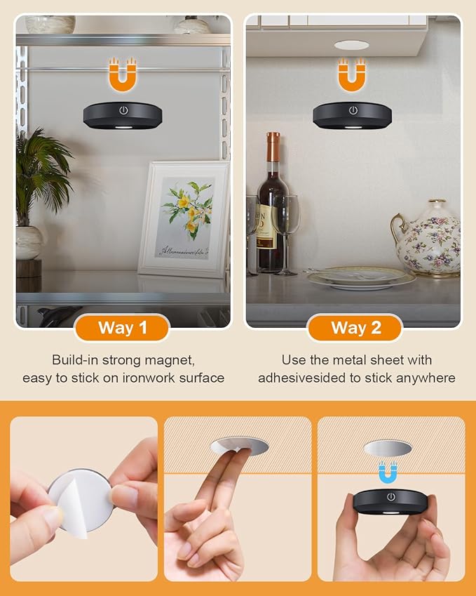 WILLED Under Cabinet Lighting Wireless,Rechargeable Puck Lights with Remote Control,Battery Tap Light Stick On,3 Colors and Timer Function LED Lights for Kitchen,Cabinet,Counter,Closet,Shelf,6 Pack