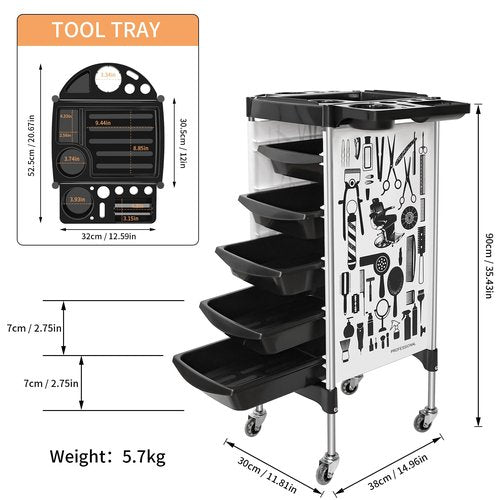 Salon Cart on Wheels, Multifunction 5 Drawer Hair Stylist Station Rolling Trolley - Professional Hairdresser Hair Dye Storage Beauty Barber Moveable Station (White)