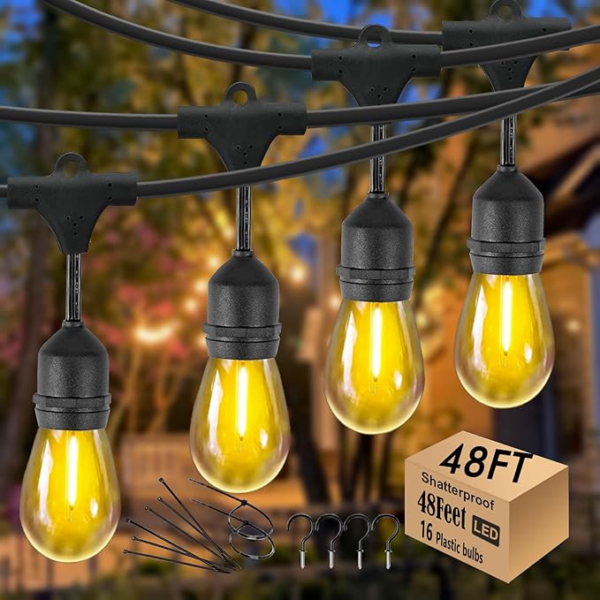 Commercial Outdoor String Lights 48FT, 15+1 LED Replaceable S14 Edison Bulbs 2200K, Black Weatherproof Cord for Patio Bistro Yard Pergola Lights, Linkable