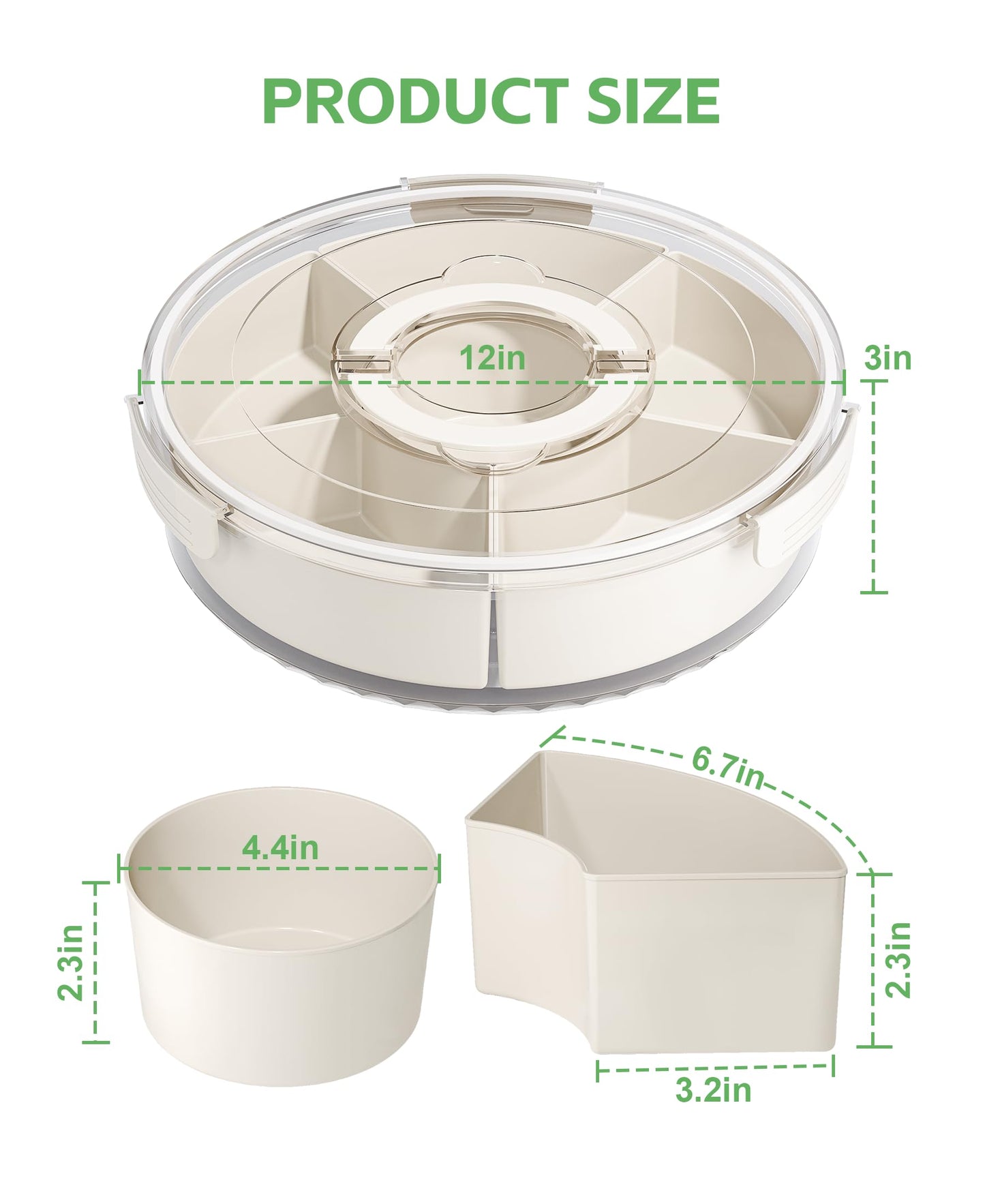 Divided Rotating Serving Tray with Lid and Handle, Portable Snackle Box for Fruits Snacks Veggie Charcuterie, Clear Lazy Susan Organizer and Fridge Storage Container for Adults Child (1PCS,12" L