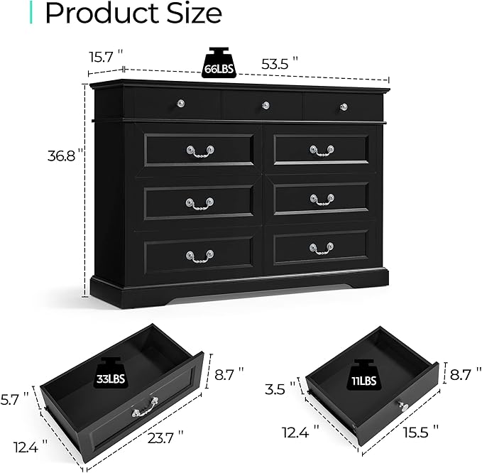 LINSY HOME 9 Drawers Dresser for Bedroom, Wood Modern Farmhouse Drawer Chest, Tall Black Dresser for Closet, Large Dressers with Storage Organizer for Living Room, Closet, Hallway