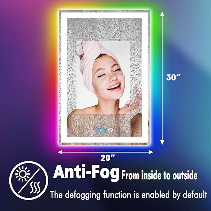 30 x 20 Inch Square LED Bathroom Mirror with Front Lights 3 Color + Rainbow RGB Backlit Light up Mirror for Bathroom Wall Mounted Lighted Vanity Mirror Anti Fog RGB 30x20 Smart Lighted Mirror