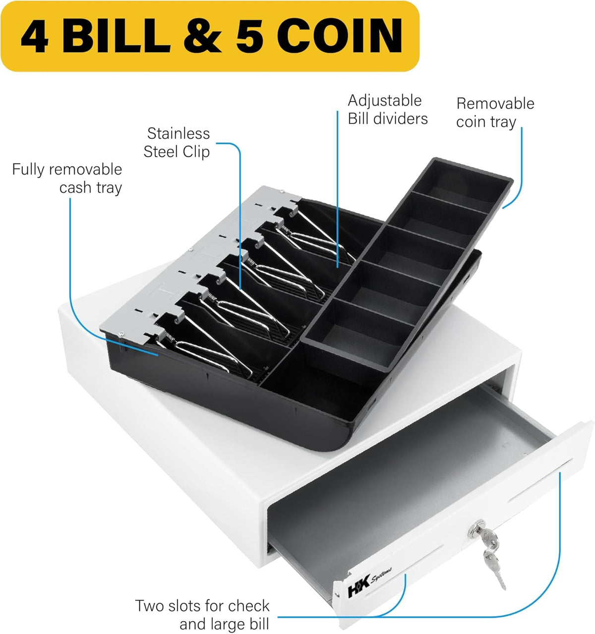 HK SYSTEMS 13inch White Heavy Duty POS Interface Cash Drawer with 4Bill/5Coin