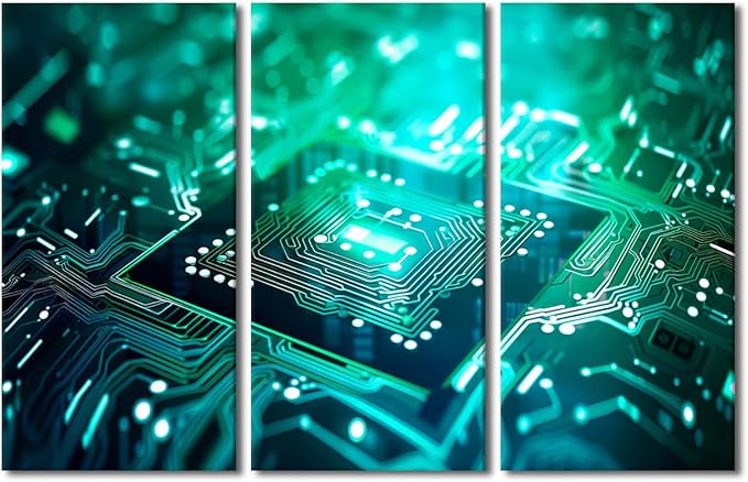 Circuit Board Wall Art Canvas Painting Semiconductor Chip Wall Art Artwork for Home Walls Chip Wall Art 3 Pieces Framed Wall Art Home Office Room Wall Decor Framed Ready to Hang, 42" Wx28 H