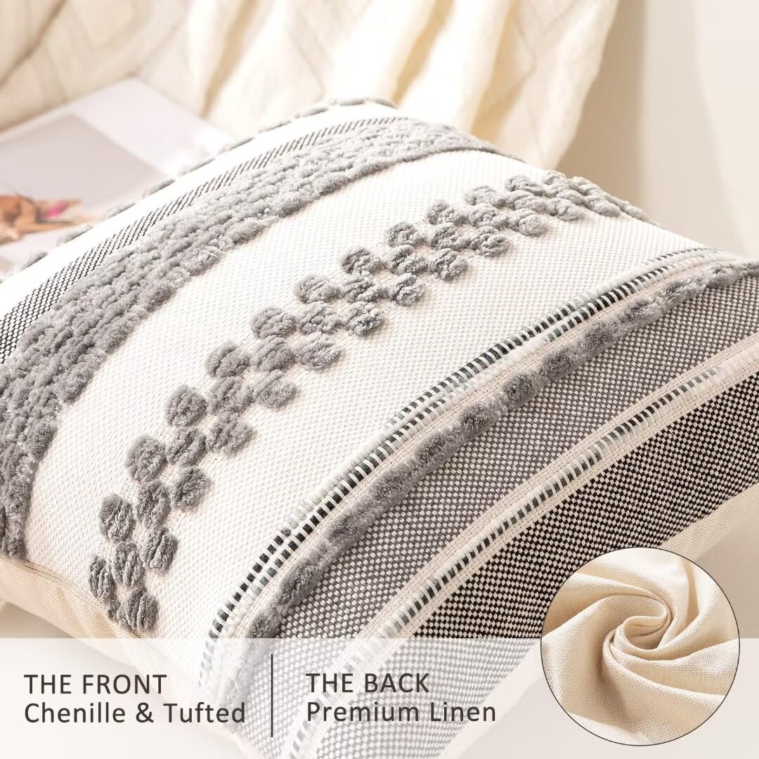 WANLIRD Boho Throw Pillow Covers 18x18 Set of 2 Farmhouse Decorative Cushion Case Striped Square Pillows Cover Chenille Pillow Cases Accent Neutral Pillowcase for Sofa Couch Bed,Gray