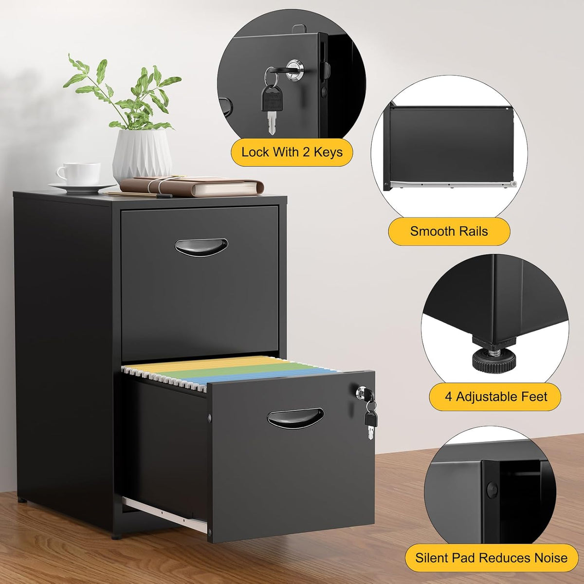 2 Drawer File Cabinets,Metal Office File Cabinet with Lock,Black Filing Cabinets for Home Office,Vertical Modern File Cabinet Office Two Drawers for Hanging Letter,Assembly Required