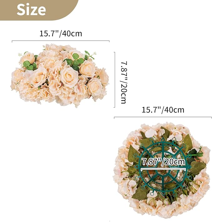 NUPTIO Flower Ball Arrangement Bouquet - 10 Pcs 15.7 inch Diameter Champagne Fake Flowers Roses Balls for Centerpieces Tables - Artificial Rose Arrangements for Wedding Centerpiece Table Decorations