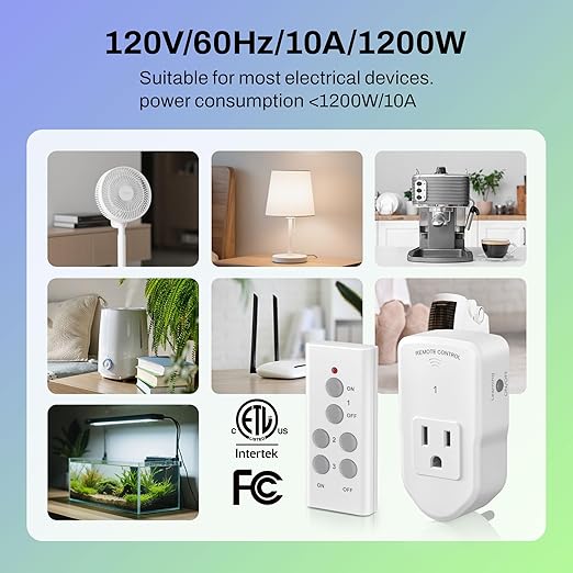 BN-LINK Wireless Remote Control Outlet Electrical Switch for Lights, Fans, Christmas Lights, Small Appliance, 100ft Long Range White (Learning Code, 3Rx-2Tx) 1200W/10A, ETL & FCC Certified
