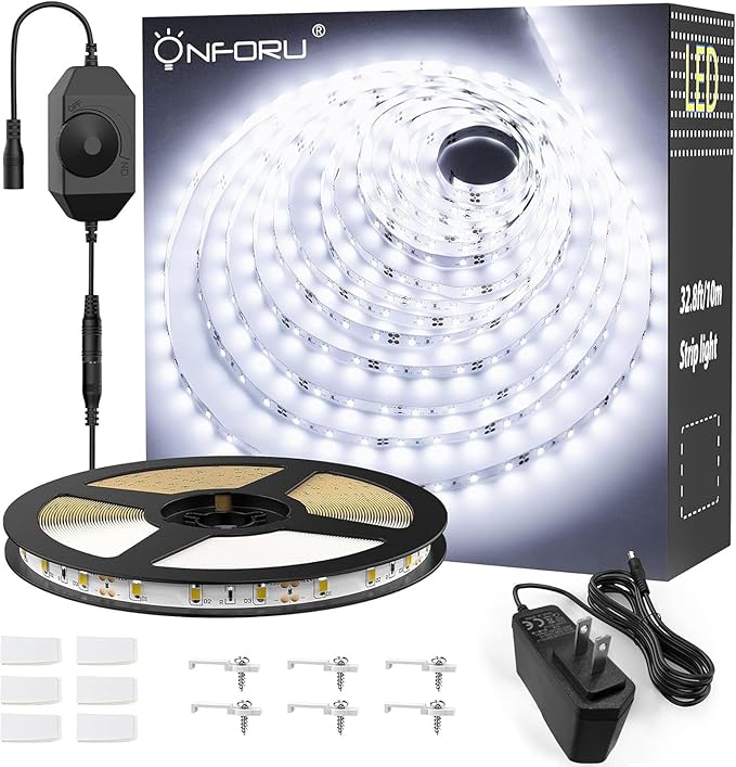 Onforu White LED Strip Lights, 32.8FT 6000K Super Bright Dimmable Tape Light Kit, 600 LEDs Daylight Easter Rope Light, 12V Flexible Strip Lighting for Mirror, Under Cabinet, Home, Bedroom