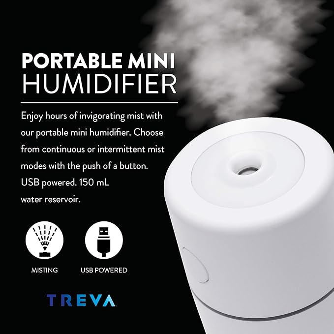 Treva Portable Mini Humidifier 150 ml Capacity, Cool Mist Ultrasonic Humidifier with Colored Light, USB Powered, Whisper Quiet with 2 Misting Modes