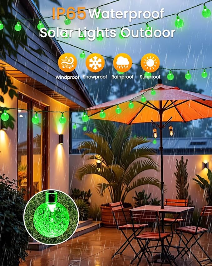 2-Pack 100 LED Green Solar String Lights Outdoor - 64FT Crystal Globe Waterproof Solar Powered Lights for Outside with 8 Lighting Modes for Patio Decorations, Garden, Party, Porch, Wedding, Yard
