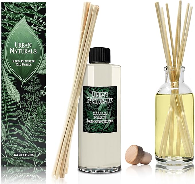 Urban Naturals Reed Diffuser Oil Refill Balsam Forest with Balsam Fir, Pine Needles, Evergreen, Cedar, Sandalwood 8 oz + Free Reed Sticks, Made in the USA