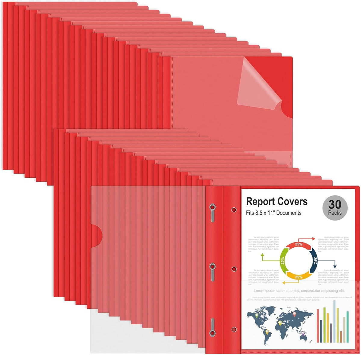 Ndsox 30 Packs Clear Front Report Covers with 3-Prong Fasteners, Plastic Project Presentation Folders Resume Document Covers with Red Back for 8.5" x 11" Letter Size Paper for School Office Business
