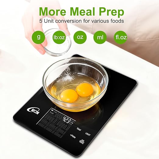 KOK Smart Food Scale with 30 Nutritional Calculator, Coffee Timer Function APP, Track Calorie, Macro, Carb for Weight Loss Keto and Diabetic, Espresso Scale Weight Grams and Ounces 5 Unit 1g/0.05oz