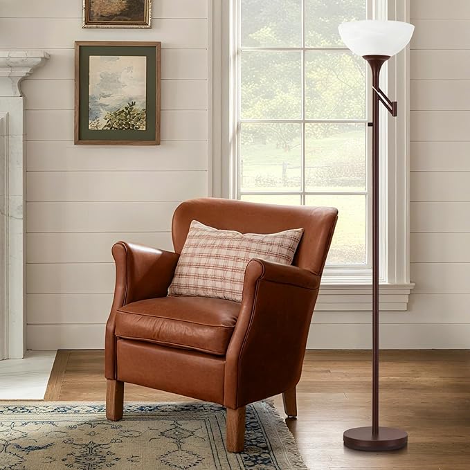 Floor Lamps for Living Room Bronze, 71" Tall Standing Lamp with Glass Shade, Vintage Floor Lamp with 350°Adjustable Swing Arm Lamp, Pole lamp for Bedroom, Living Room, Office, Bulbs Included