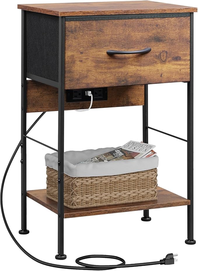 WLIVE Night Stand with Charging Station, Small Nightstand with Fabric Drawer and Open Shelf, 25" H Bedside Table for Bedroom, 2-Tier Storage End Tables, Dresser for Dorm, Entryway, Rustic Brown