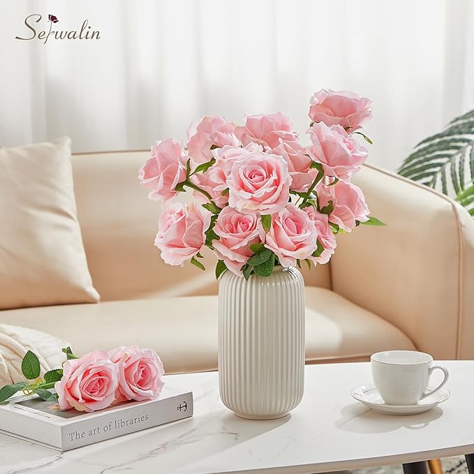 Serwalin 20pcs Bright Pink Artificial Roses, 4'' Big Flower Head, Velvet Roses Real Touch, Silk Fake Roses Long Stem Realistic Bouquet for Wedding Table Centerpiece and Home Decor