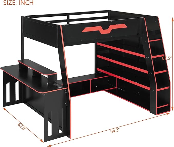 LUMISOL Full Size Wood Loft Bed with Desk and Multi-Storage Shelves, Gaming Loft Bed with RGB LED Lights and Adjustable Desk Placement, Space-Saving Game Bedframe with Under-Bed Storage, Red