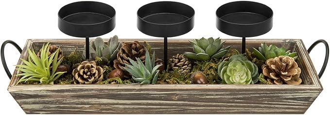 MyGift Solid Torched Wood Candlescape Display Tray Set with Metal Pillar Candle Holder and Decorative Fake Succulent Plants and Pine Cones - Holds 3 Candles