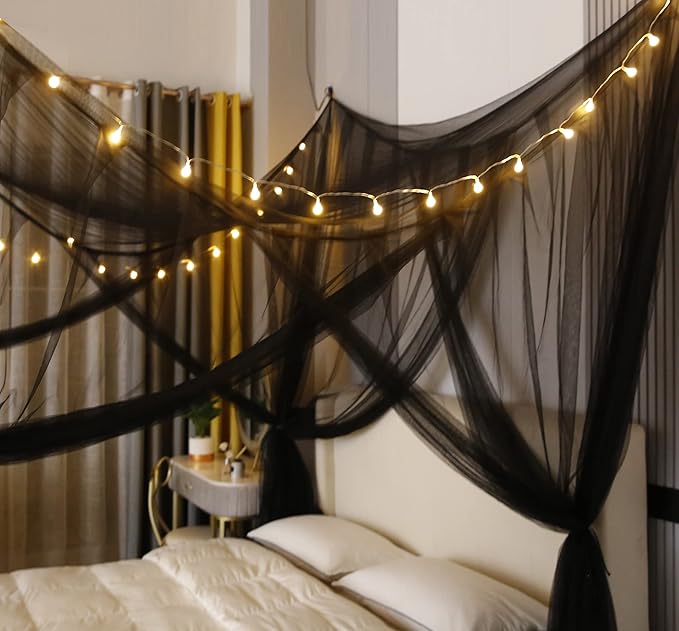 Mengersi Canopy Bed Curtains with Lights,Elegant Bed Canopy Bed Curtains Bed Netting for Single Twin Size Bed,Goth Room Decor