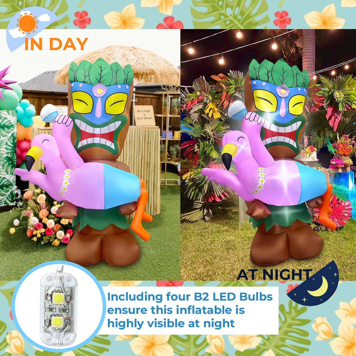 bbioc 5FT Tiki Luau Inflatables Decorations, Tiki Holding Flamingo Blow up Party Beach Decor Hawaiian Party Giant Yard Decoration, Outdoor Built-in LED Lights Lawn Holiday Summer Tropical Outside