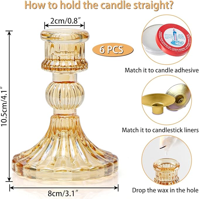 Taper Candle Holder Set of 6, Gold Candle Holder & Vintage Candlestick Holder, Glass Candlestick Holder for Table Centerpieces, Fall, Christmas, Autumn, Thanksgiving Decor