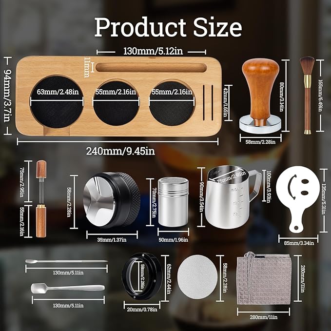 28PCS Espresso Accessories Kit,58mm Espresso Tamper Tools,Includes Wood Station,Distributor,Stirrer,Dosing Funnel,Brush,Puck Screen,Frothing Pitcher,Latte Pen,Powder Ring,Towel,Decorative Stencils