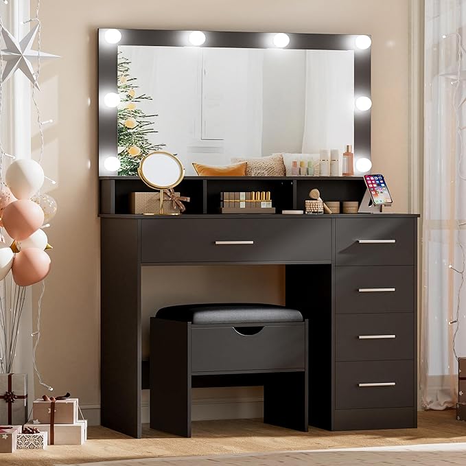 Vanity Desk with Mirror and Lights, 35.43" Large Mirror Makeup Table with Stool, 5 Drawers Dressing Table for Girls and Ladies Bedroom, Black