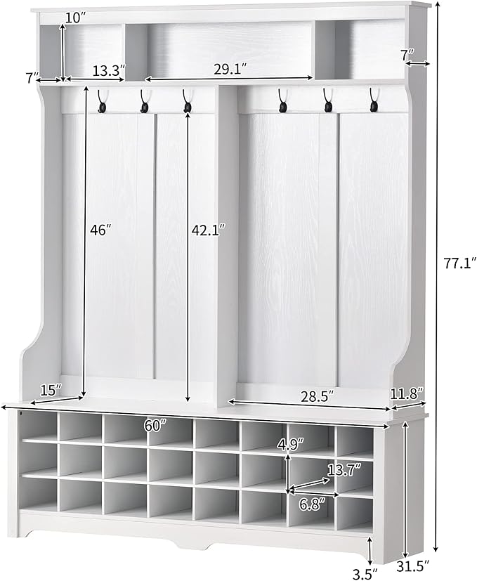 RUNNA Stylish Versatile 60" Wide Coat Rack with Metal Black Hooks and 24 Shoe Cubbies,Hall Tree with 3 Top Shelves and Bench,for Hallway Entryway Mudroom Use (White@e)