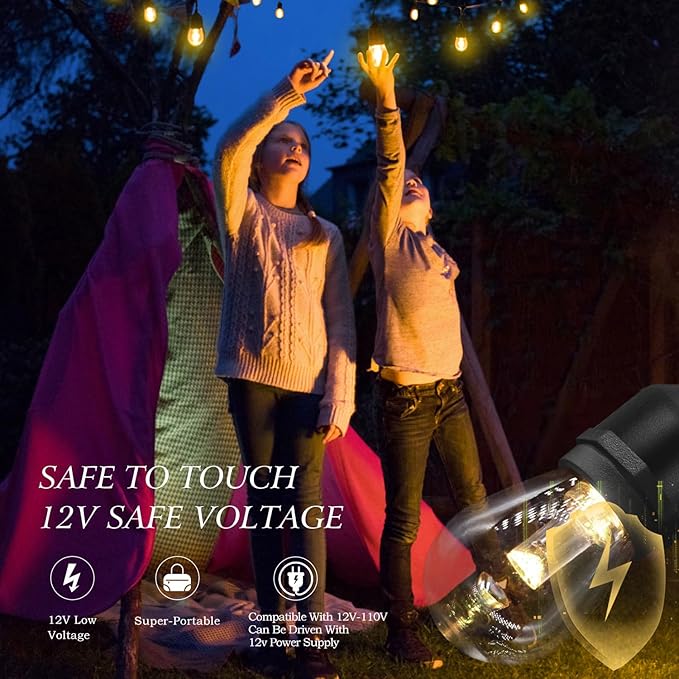 GANA 12V Low Voltage & Safe LED Outdoor String Lights,75FT 24 Shatterproof Bulbs, 2200K Warm White Pergola Lights for Your House's, Garden, Fence, Porch,Balcony,and Bistro（75FT）