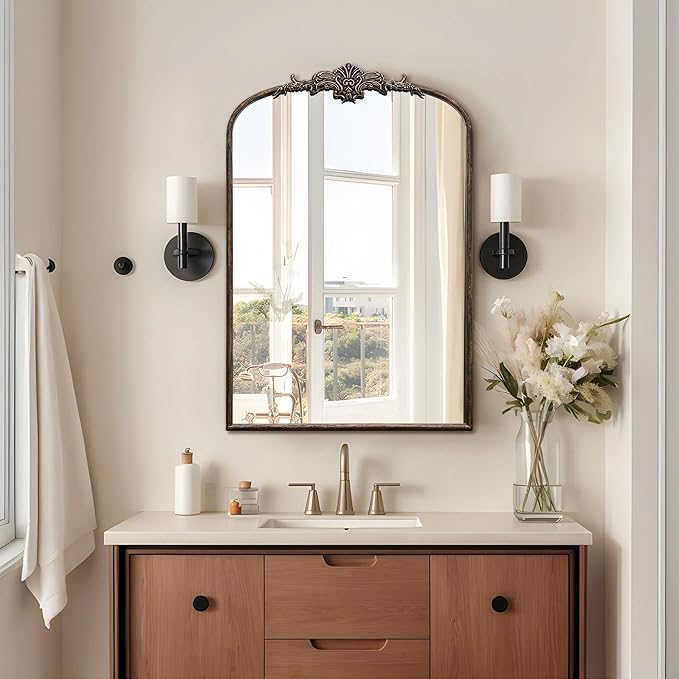 Besdomus Antique Large Arched Mirror: 24"x36" Arch Black Vintage Wall Mounted Mirror - Traditional Ornate Home Decor for Entryway/Fireplace/Bathroom/Bedroom - Idea for Young Couples