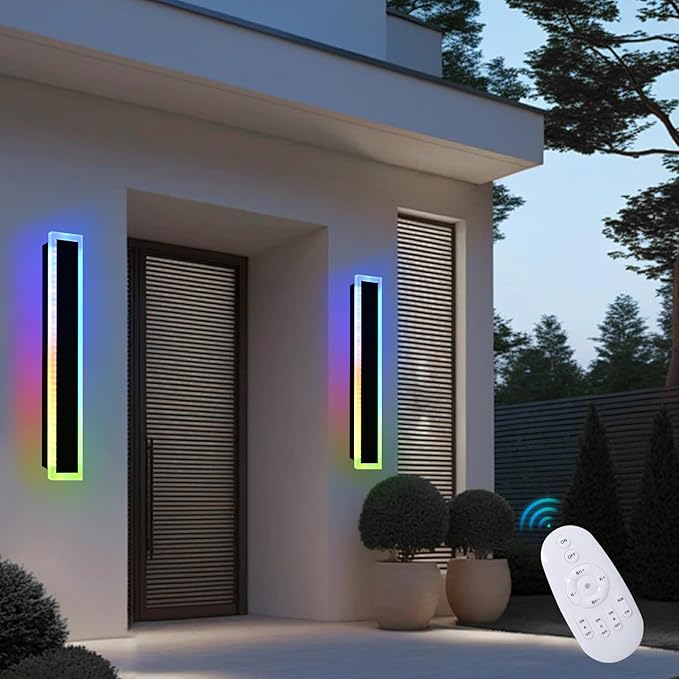 2 Pack Modern RGB Outdoor Wall Light,32 inch Led Wall Lights Fixture,Dimmable Wall Sconce Lights,Long Exterior lighting Fixtures with Control Remote,Outside RGB LED Long Lights for Porch,Patio,Garage