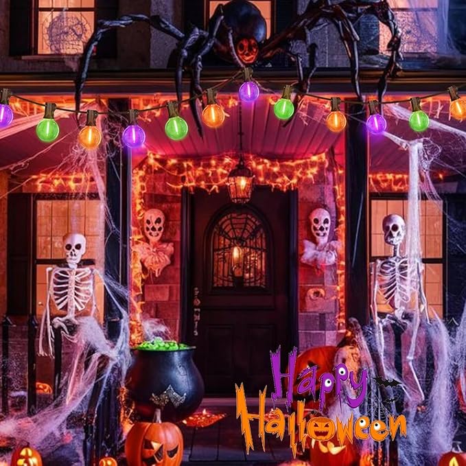 LAMPHOME Globe Outdoor Halloween String Lights, 4 Pack 26FT Patio Lights with 12+1 Edison Shatterproof Bulbs, Connectable Dimmable Waterproof for Backyard Porch Halloween Decor, Orange Green Purple
