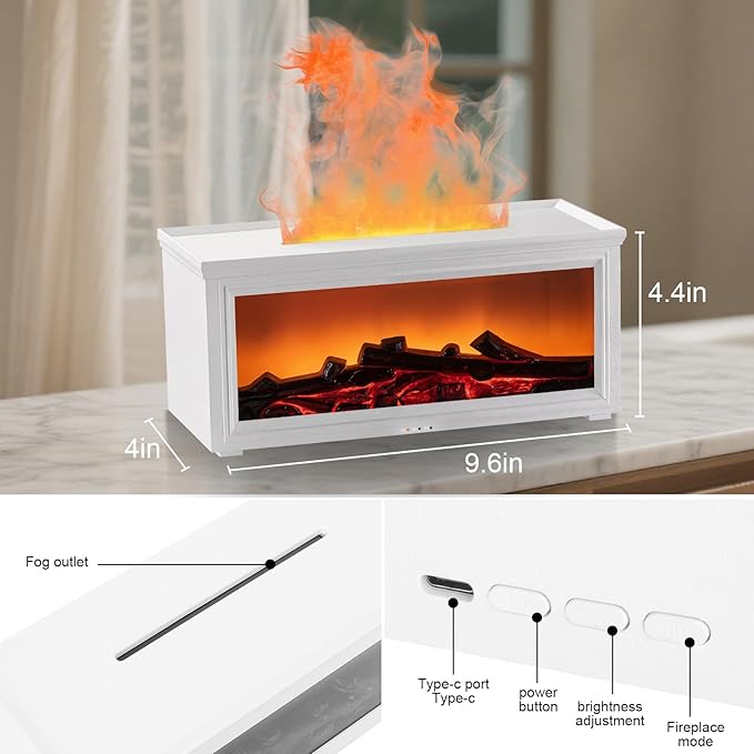 Fireplace Essential Oil Diffuser Humidifier - Ultrasonic Aroma Diffuser with 7-Color Flame Effect, Remote Control & Auto-Off Timer for Bedroom, Home Office,Yoga(White)