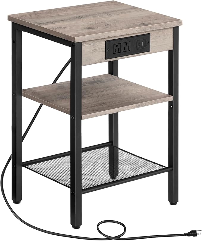 HOOBRO End Table with Charging Station and USB Port, Small Side Table for Small Space, 3-Tier Nightstand with Adjustable Shelf, for Living Room, Bedroom and Balcony, Greige BG112BZ01