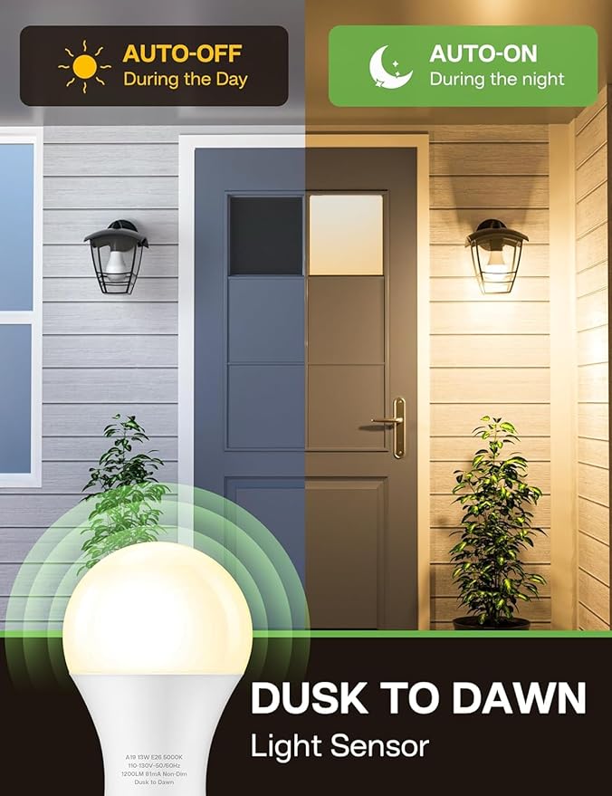 Dusk to Dawn Sensor LED Outdoor Light Bulb, Warm White 3000K, A19 13W(100 Watt Equivalent) Bright Porch Lighting, 1200LM, Auto-On/Off Photocell Sensor for Garage Yard Patio Garden- 2 Pack