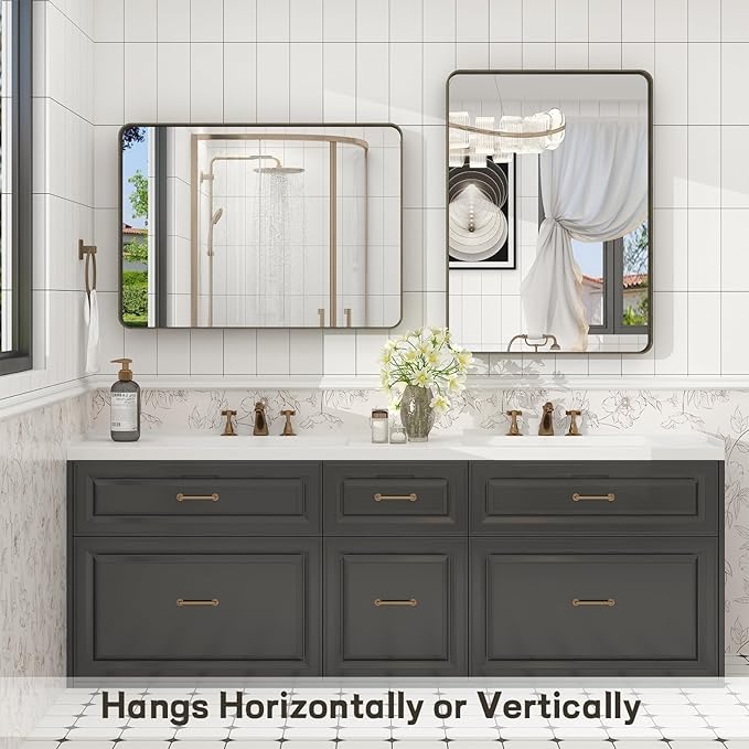 28x36 Inch Bronze Framed Bathroom Mirror, Brushed Bronze Metal Vanity Mirror, Rounded Bronze Rectangle Mirror, Tempered Glass, Anti-Rust, Shatterproof (Horizontal/Vertical)