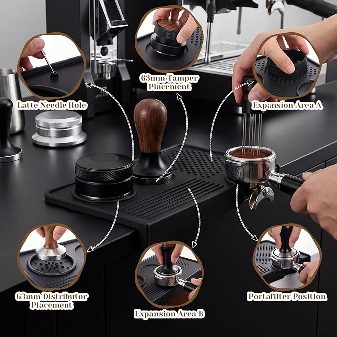 9 Pcs Espresso Knock Box Kit 23.6" x 15.8" Large Silicone Coffee Mat Espresso Tamping Mat with Coffee Station Organizer Removable Rod Coasters Under Machine Accessories Set for Home Barista
