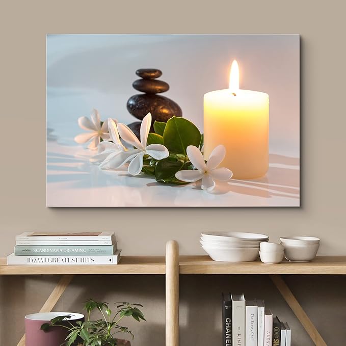 wall26 Canvas Print Wall Art Tropical White Flowers Massage Stone Spa Candles Yoga Nature Photography Realism Rustic Scenic Landscape Colorful for Living Room, Bedroom, Office - 32"x48"